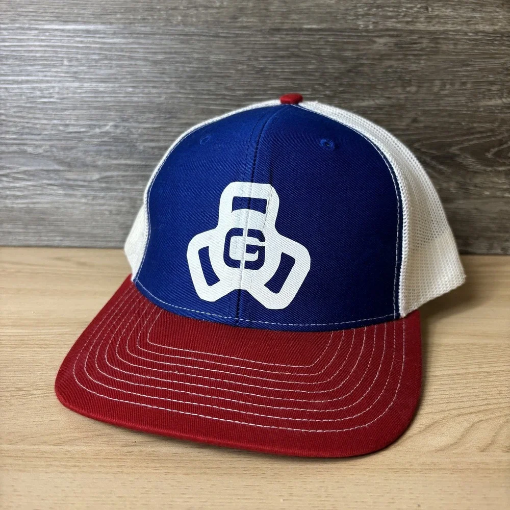 Garage Gym Barbell Hat Cap Snap Back Blue Red White Trucker Mesh Mens Fitness